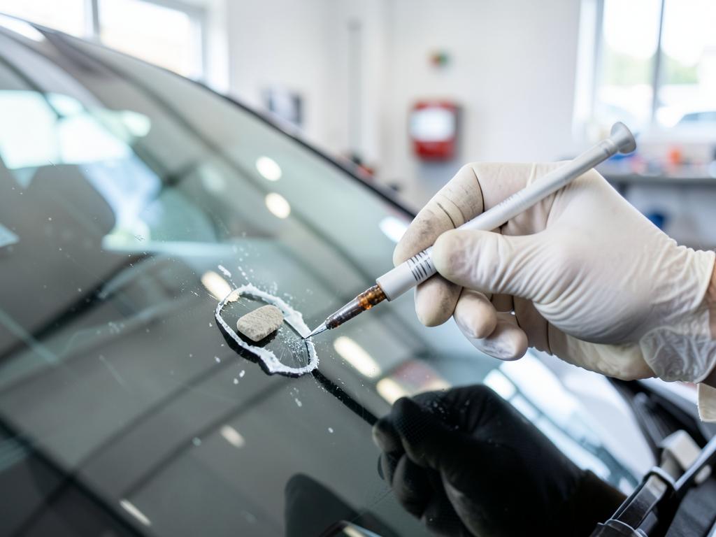 Technician repairing a stone chip on a windshield with a resin tool