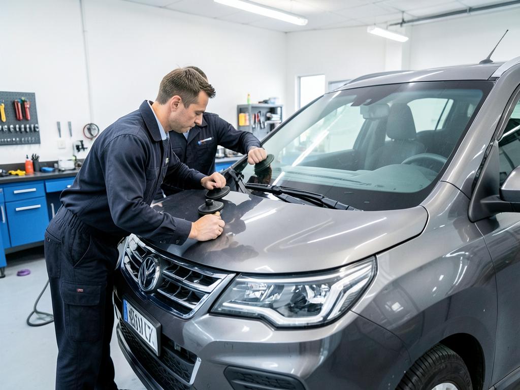 Two certified technicians installing a new windshield on an SUV